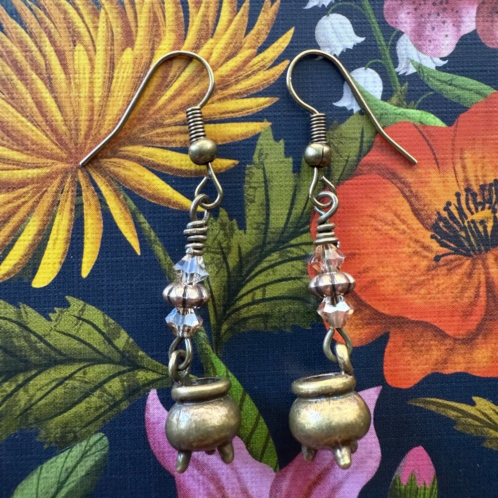 Handmade Earring Set Champagne Crystal Elemental Witch & Brass Ox Cauldron Charm